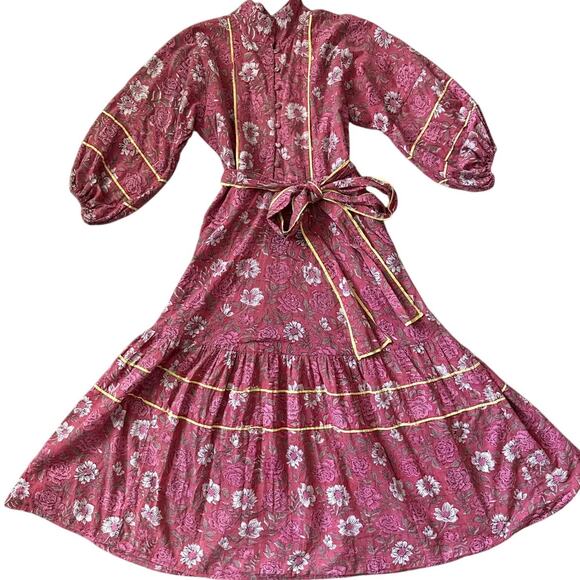 Sue Sartor Paloma Flounce Dress Midi Dress Pink Floral Size Small - Picture 2 of 11